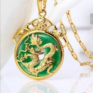 24K Gold Plated Dragon Pendant Malaysia Jade & Chain Necklace 7/8”.